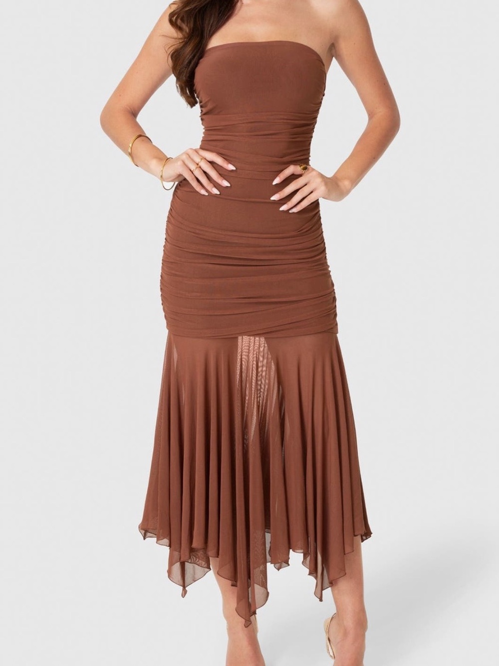 Bebe Strapless Handkerchief Hem Power Mesh Dress M-NWT $169